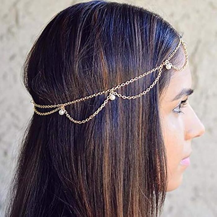 Bomine Boho Pearl Head Chain Tassel Hair Chain Forehead Festival Wedding Headpieces Hair Acessories for Women and Girls (Gold) - Image 3